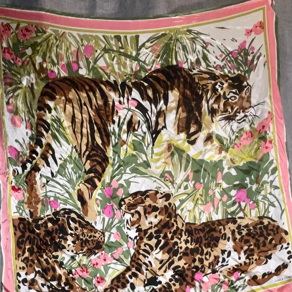 Vince Camuto Leopard Print Silk Scarf with Pink and Green Border
